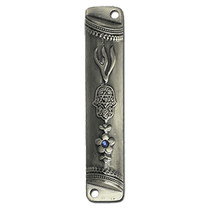 Pewter Plated Blue Rhinestone Flower Mezuzah 