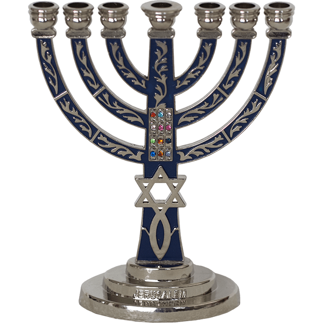 Brass with Blue Enamel Messianic Menorah