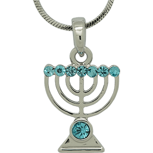 White Rhodium Menorah Pendant with Blue Crystals