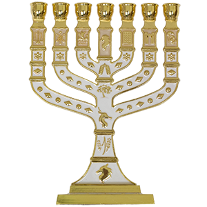 12 Tribes Brass with White Enamel Menorah