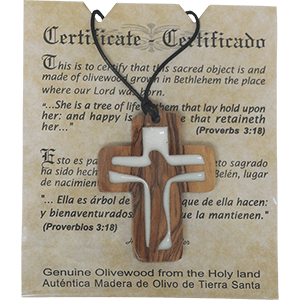 Corded Olive Wood Crucifix with White Acrylic Cutouts