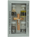 Kruzifix aus Olivenholz und Zinn mit 4 Elementen des Heiligen Landes