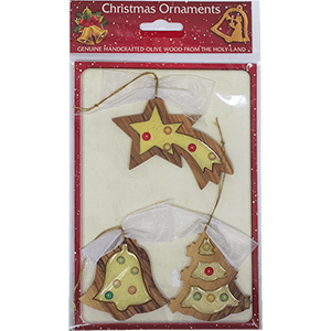 Olive Wood and Glitter Christmas Ornament, Set of 3