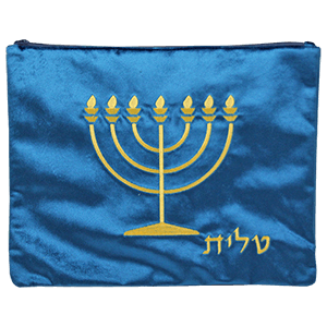 Blue Velvet Tallit Bag with Gold Menorah