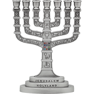 Nickle Plated 12 Tribes Jerusalem Menorah, 2 heights