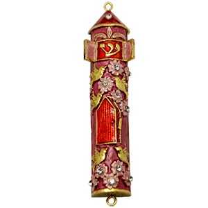 Red Enameled Flowers Door Mezuzah