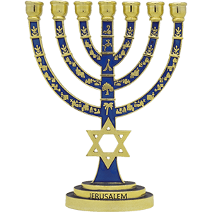 Star of David Menorah Brass with Blue Enamel