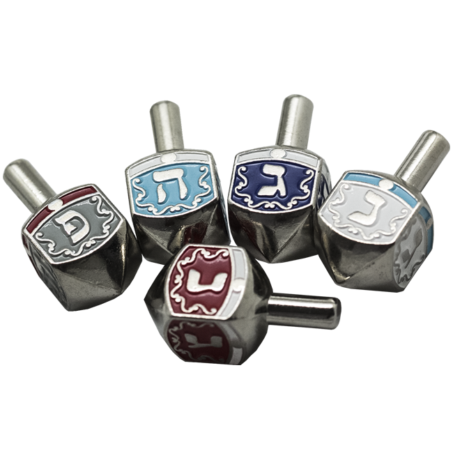 Sets of Colorful Enameled Metal Hanukkah Dreidels