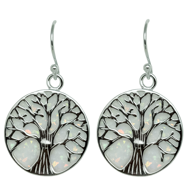 Sterling Silver and White Opal Backed Tree of Life Earrings